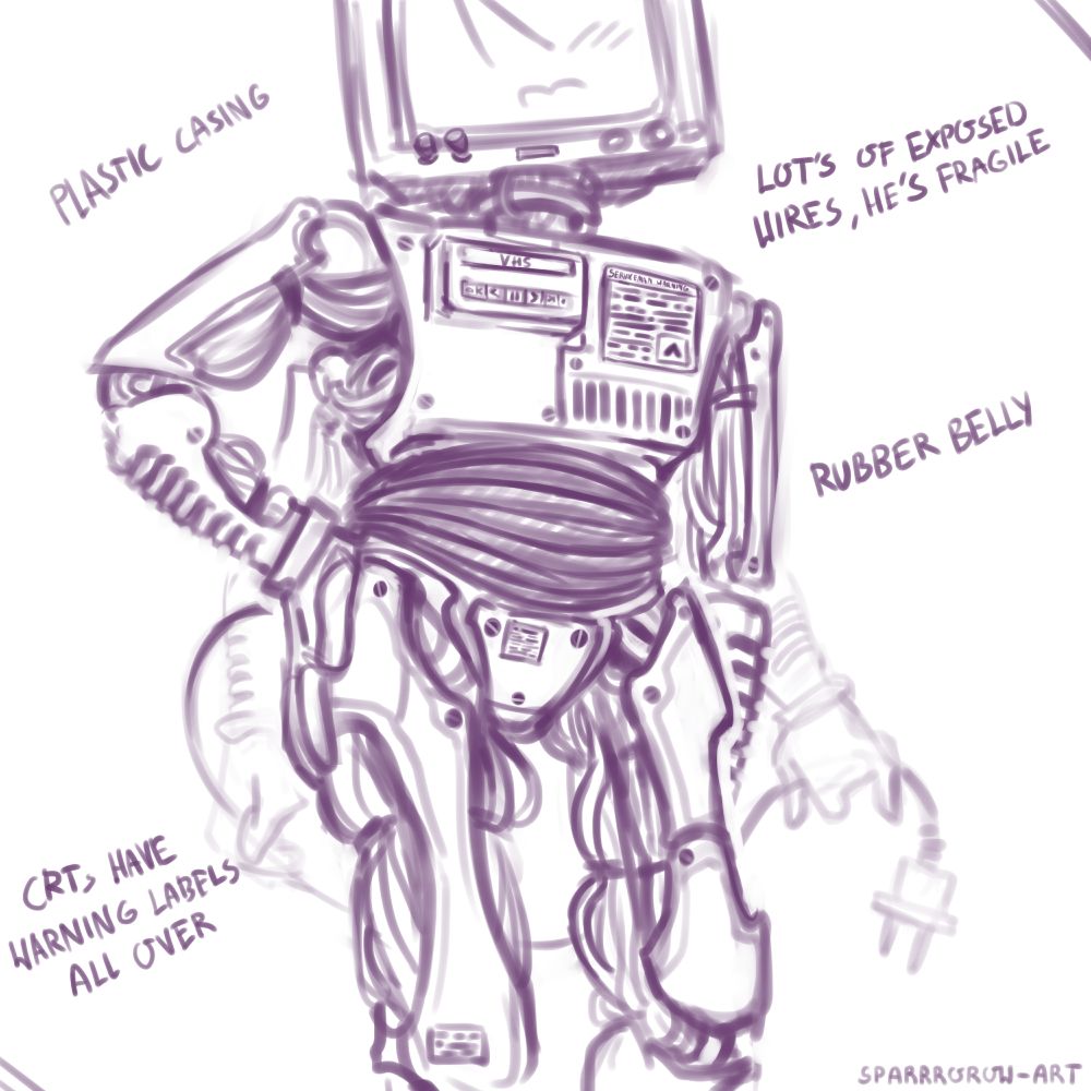 a digital sketch of mr Ant Tenna from Deltarune. it's an exploration sketch of Tenna's anatomy, as seen from the front, featuring: 4 hands (the lower set smaller), a cord tail, a vhs slot on the chest, a lot of exposed wires along the limbs, a rubber accordion-like midsection and lots of warning label stickers.
the text reads: "plastic casing"; "lots of exposed wires, he's fragile"; "rubber belly"; "CRTs have warning labels all over"
