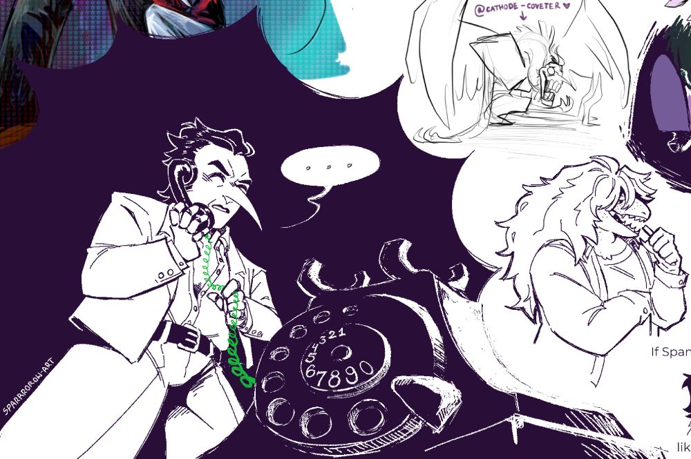 a digital, low resolution, black and white drawing of Spamton G Spamton from Deltarune in his big shot era. he's concerned, holding a phone handset to his face, surrounded by darkness. the only color in the drawing is the bright green phone cord he's fiddling with. next to this drawing there is a sketch of Susie eating chalk and a sketch drawn by cathode-coveter of Spamton Neo sitting slumped on the floor.
