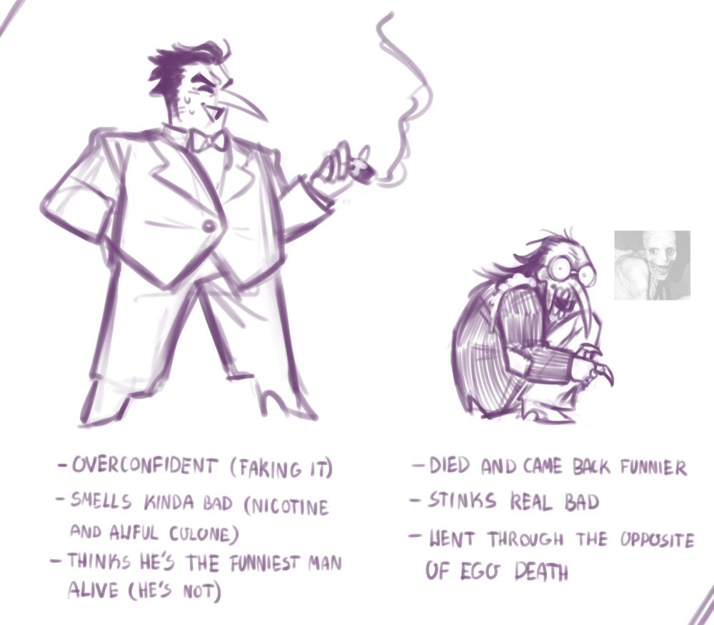 a digital sketch, drawn in purple on white background, comparing 2 designs of Spamton from Deltarune - Big Shot era vs canon compliant one. Big Shot is chubby, standing wide and with (fake) confidence, with a lit cigar in his hand, eyes closed like an Addison. he's sweating slightly, but smiling wide.
the text under says:
- overconfident (faking it)
- smells kinda bad (nicotine and awful cologne)
- thinks he's the funniest person alive (he's not)

the canon compliant Spamton looks skeletal, his puppet mouth gaping, looking at the viewer while sitting curled up on the floor. next to his face, for comparison, there is a half transparent image of the "Russian sleep experiment" creepypasta monster. below him, the text says:
- died and came back funnier
- stinks real bad
- went through the opposite of an ego death