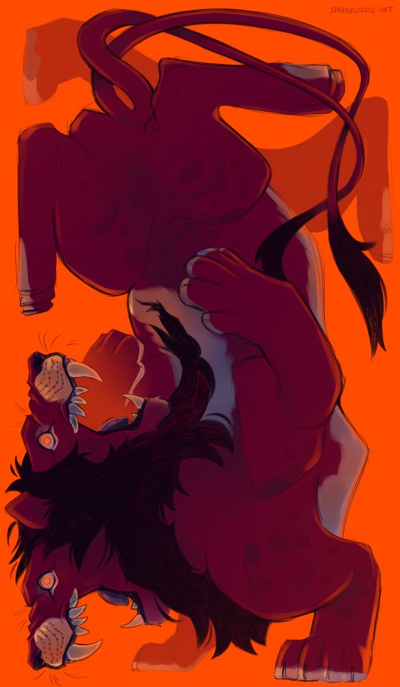 a digital drawing of a character belonging to Milo-Catz. he is a red, black maned, 2 faced lion with 8 legs - as if 2 lions shared a spine. the background is solid orange to match his eyes.