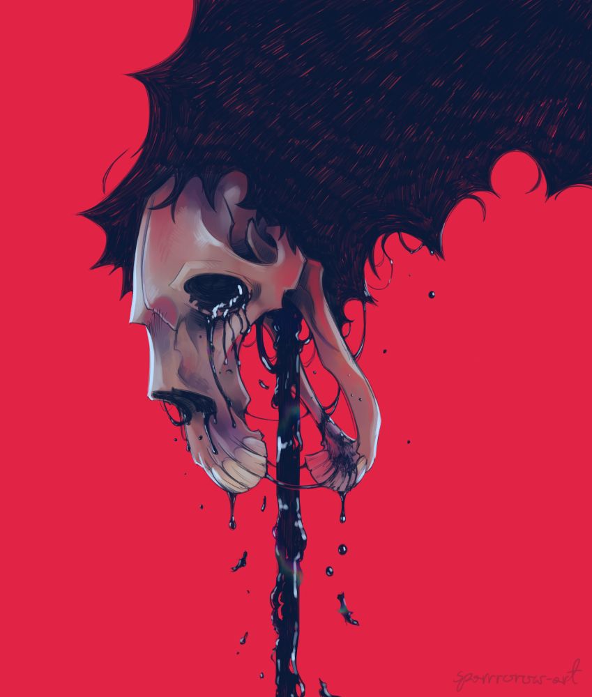 a digital headshot drawing of a character belonging to Barrel-of-bones. it's a creature covered in black raggedy fur, with a non specific herbivore esque skull. black oil like liquid pours out of the orifices of the skull, which hangs face down. the background is bright red.