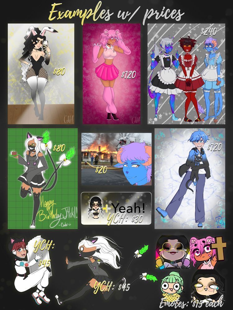Images with various different pieces with their listed prices. 

YCHs are cheaper and have a faster turn-around time

Emotes $15 each (bases by Loumon on Ko-fi)