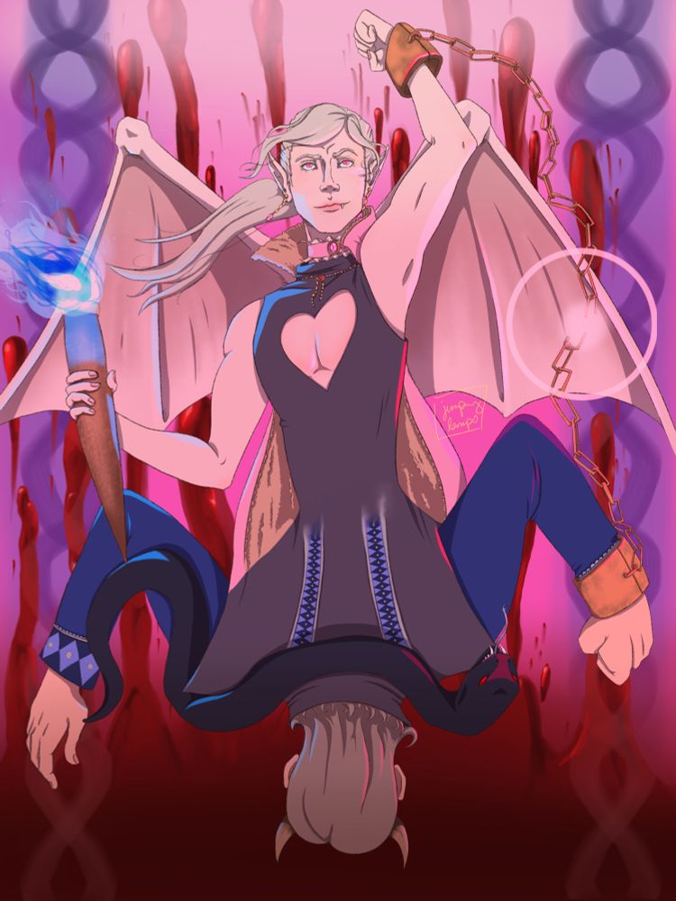 Digital drawing. Pale elf dhampir wearing a muscle tank with a heart cutout on the chest, connected at the torso to an older man, who is facing away from us. The older man has devil horns, and Lath (the elf) has pale white bat wings. Lath is holding a torch with a blue flame, his other hand once connected to the “devil’s” hand by a long copper handcuff with chains, but the chains are now broken.
