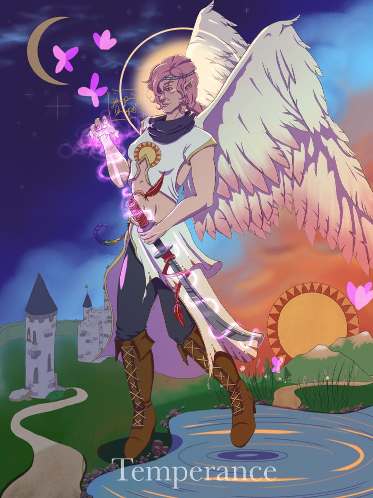 Digital art of a half elf nephilim in the style of the tarot card “Temperance”. She has pink hair, white wings with pink tips, and a halo behind her head. She’s wearing mostly white, a sun motif on her outfit. Instead of passing water between cups, she’s pass magic from her hand to a sword, which is adorned with red ribbons and feathers. There’s a rainbow feather on her belt, and along with the typical temperance motifs in the background, there are purple butterflies
