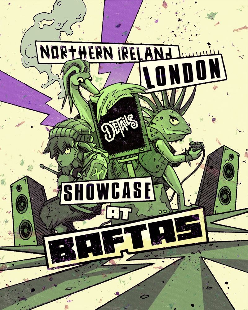 A stylised, grungy illustration promoting Can You Eat It? at the "Northern Ireland London Showcase at BAFTAs." The artwork features three anthropomorphic characters: a laid-back sheep holding a drumstick, a punk-styled chameleon playing with a game controller, and a tall swan leaning over a television screen. The screen displays the word "Details."