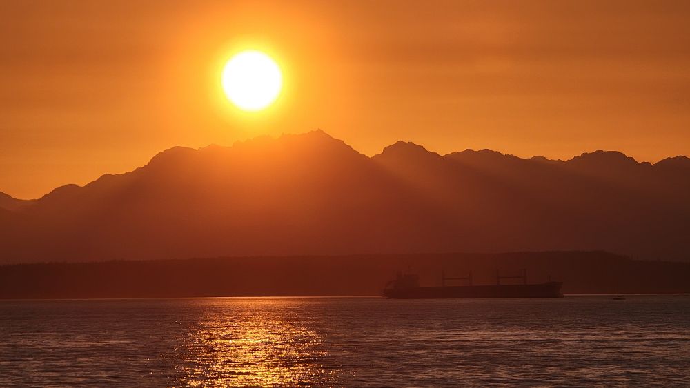 A picture taken at Golden Hour with the Olympic mountains in the background and a large ship sails across the sound in the foreground. 