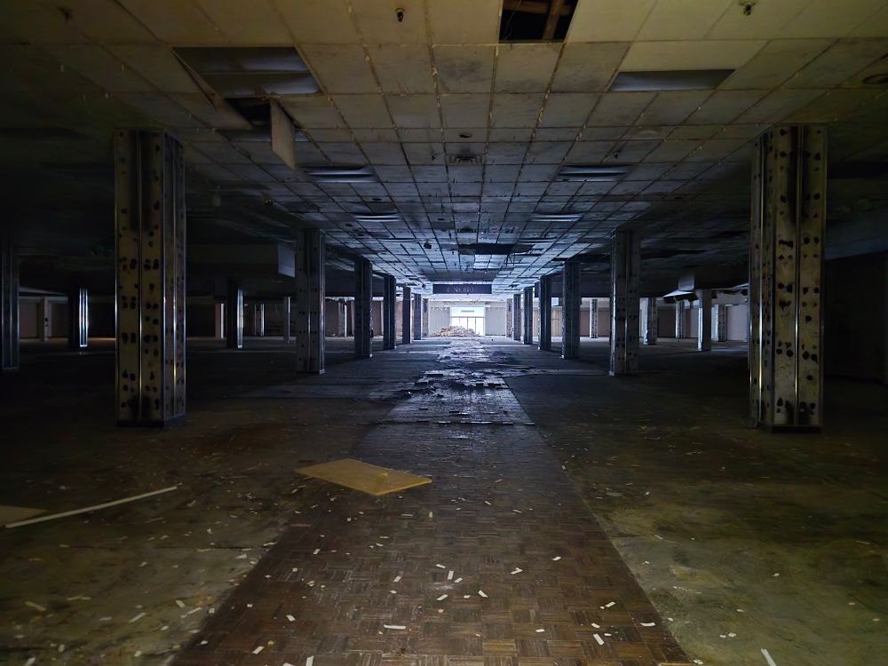 A decrepit looking sales floor of an abandoned department store. Debris littlers the floor, mirrors missing from support columns. Light from an entrance filters through in the background.