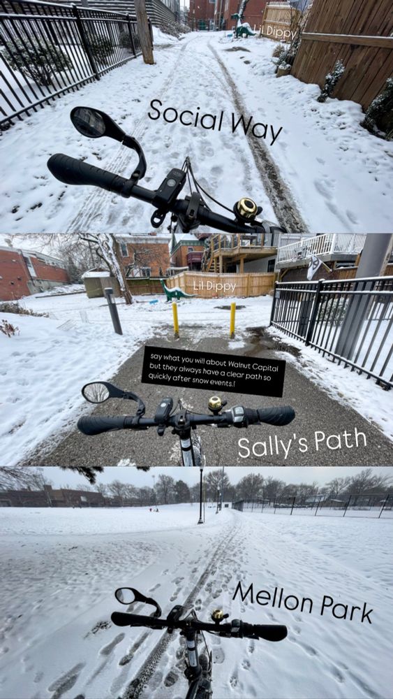 Social Way covered in snow. Sally's Path clear of snow. Mellon Park covered in snow.