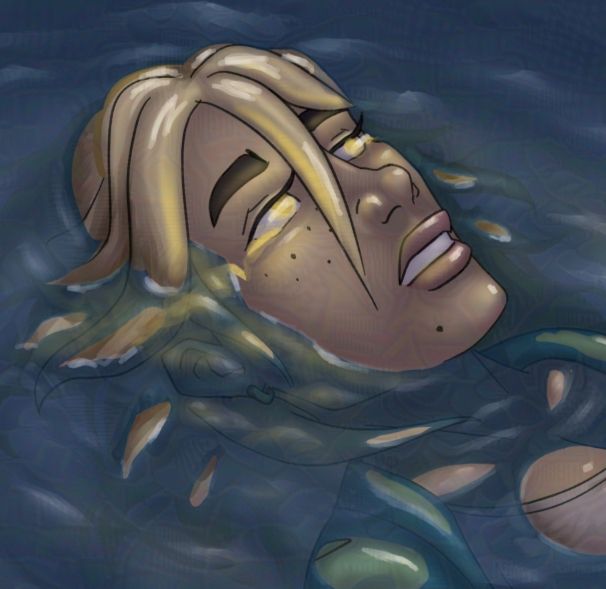 A tan skinned woman with light blonde hair backfloats in a body of water. Her eyes glow with yellow light which reflects at the corner of her eyes and in the water like the light is trailing away like tears