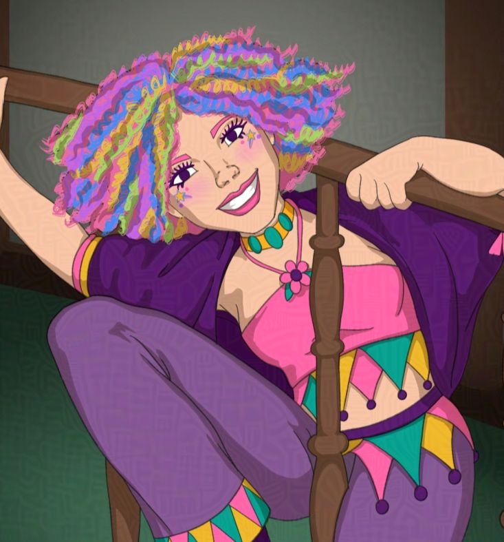 An energetic woman with medium curly hair in a variety of candy colors and a bold outfit in purple, pink, yellow, and aquamarine, posed balancing through the railing on a balcony, smiling with an arm raised in greeting