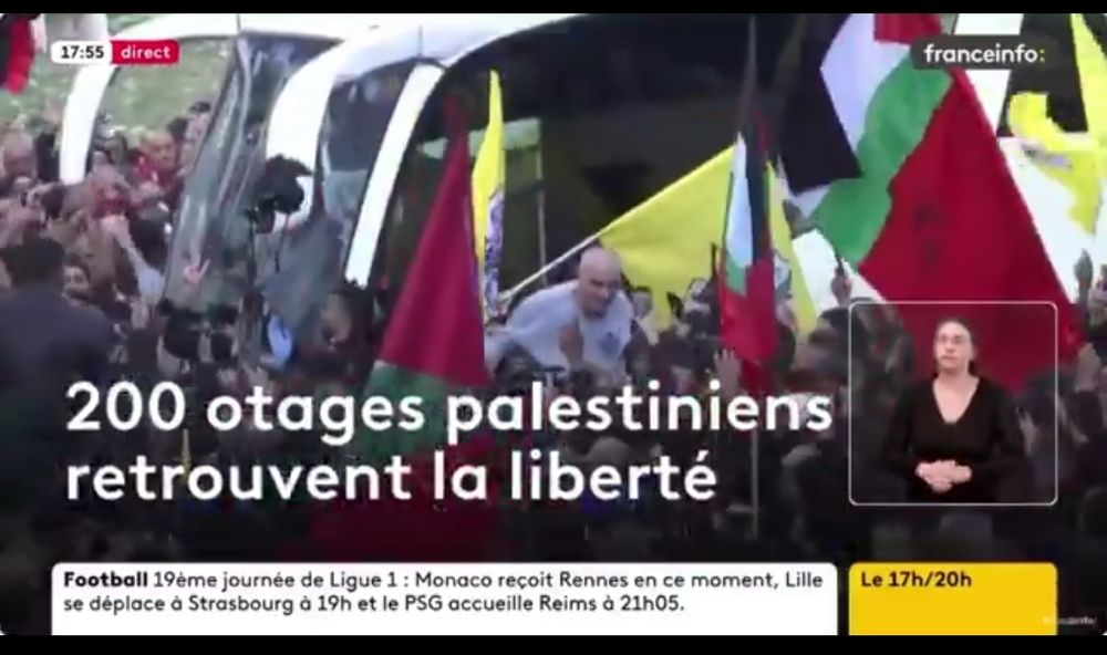 Sujet FranceInfo titre "200 otages palestiniens retrouvent la liberté"