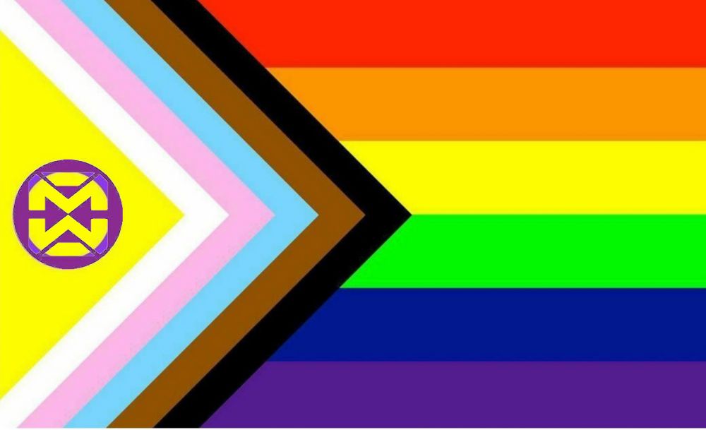 A variation of the pride flag with a yellow background, My Way Access logo on the left, and the inclusive chevron and rainbow stripes on the right.