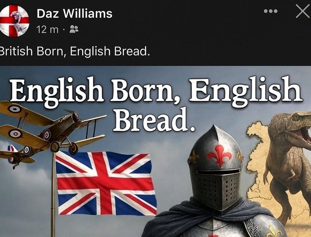 A collage with the text “English Born, English Bread” showing a British flag, a vintage biplane, a medieval knight, a map of Britain, and a dinosaur, all set against a blue sky.