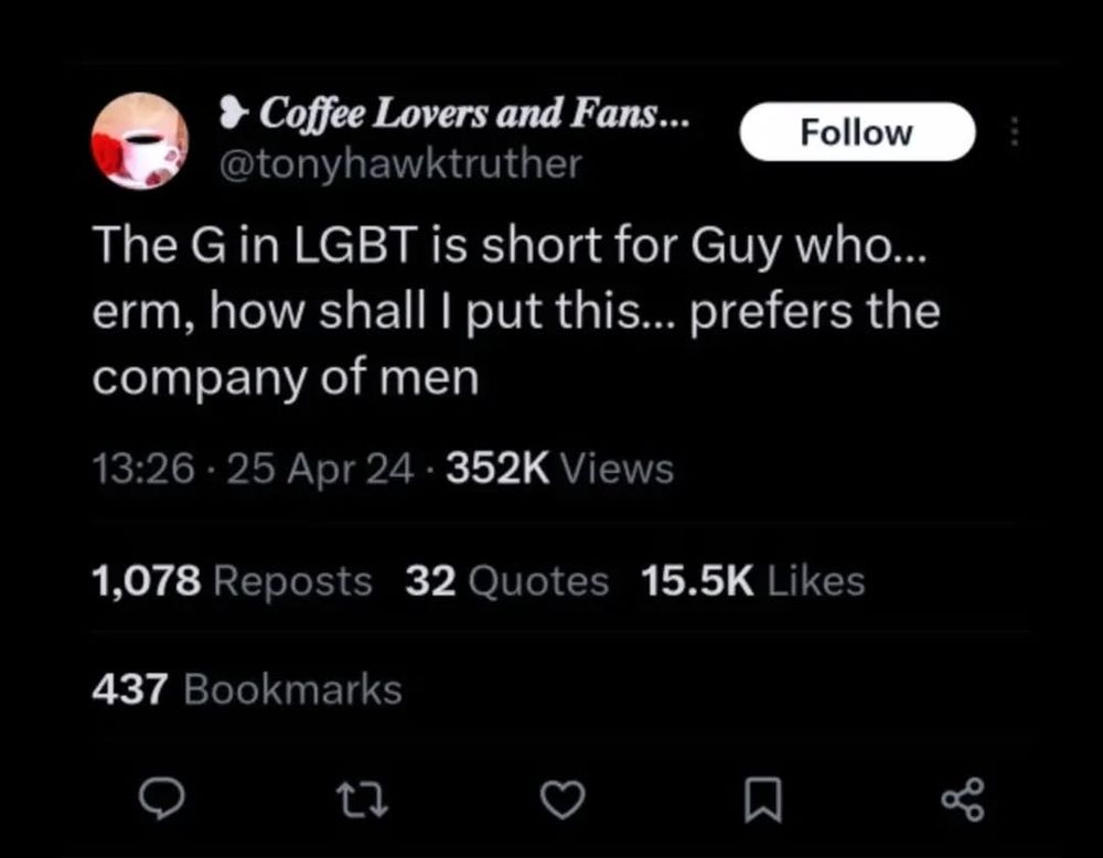 Tweet that reads "The G in LGBT is short for Guy who... erm, how shall I put this... prefers the company of men"