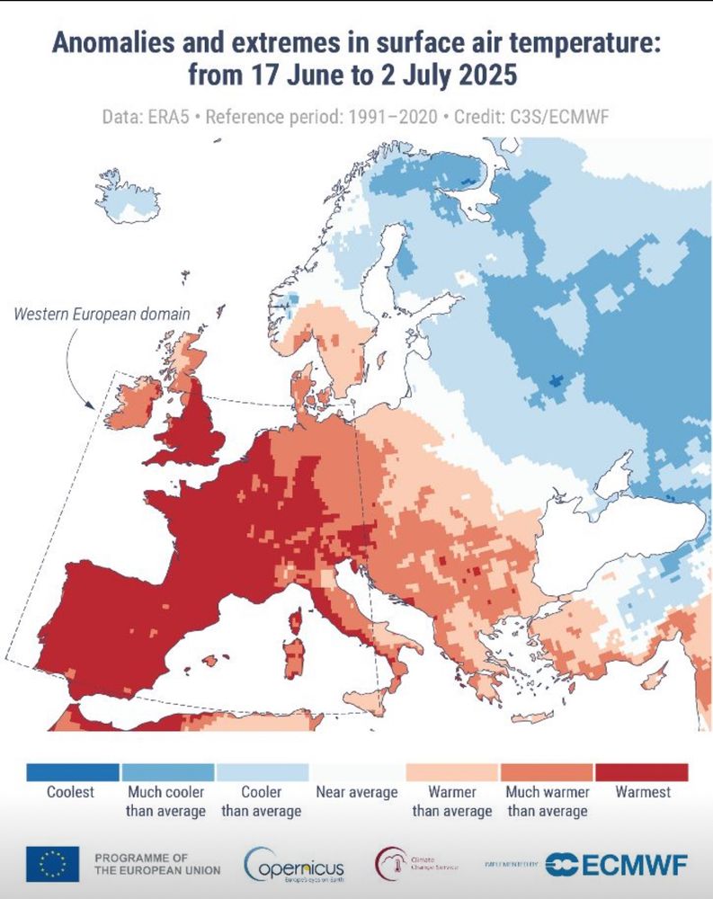 Anomalies and extremes in the average surface air temperature between 17 June and 2
July 2025. The extreme categories (‘coolest’ and ‘warmest’) are based on rankings of average
temperatures for the same 16 days during 1979–2024. The other categories describe how the
temperatures compare to the distribution of these temperatures during the 1991–2020 reference
period. ‘Much cooler/warmer than average’ - cooler/warmer than 90% of temperatures.
‘Cooler/warmer than average’ - than 66% of temperatures. ‘Near average’ - within the middle 33%.
Credit: C3S/ECMWF