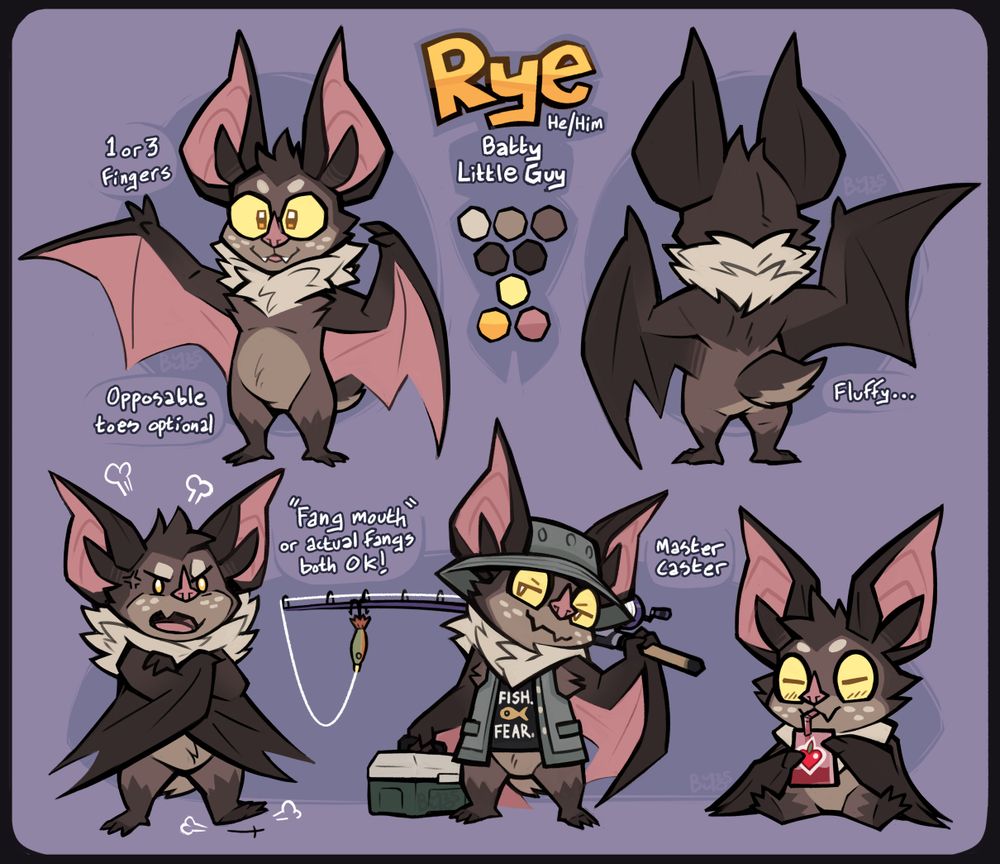 A ref sheet for Rye, a little brown bat character. He has large ears with pink inner ears, a cream colored neck mane and freckles, dark brown wings with pink membranes on the front, and a fluffy rabbit-like dark brown tail instead of a bat's webbed tail. He wears round glasses that seem to be illuminated yellow by his eyes.

At the bottom of the page are three detail poses: One of him without his glasses, tapping his foot grumpily while crossing his arms. The middle one has him giving a smug expression while wearing a fishing outfit with a fishing rod. The third one is a chibi pose of him happily sipping a dubiously red drink from a juice box with a heart shaped fruit on the front.