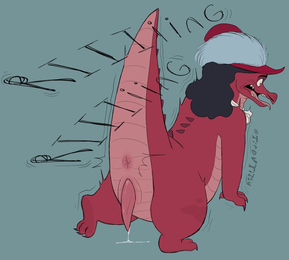 The immediate follow-up to the previous image. The clock inside his butt is now ringing loudly. His limp tail and arms straighten from the surprise. His penis is now fully erect and leaking precum on the ground.