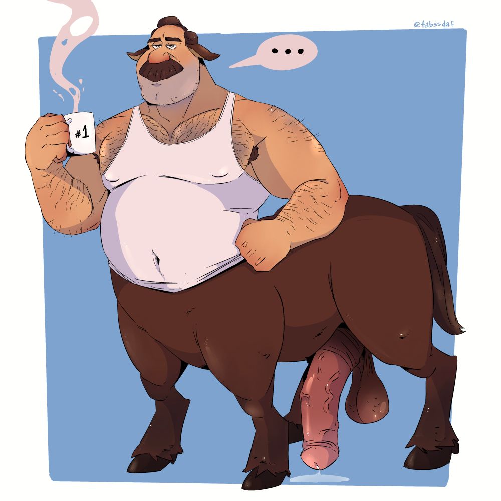 Colt Bronco, a centaur, enjoying some coffee while wearing nothing but an undershirt. He seems indifferent to his massive morning wood boner