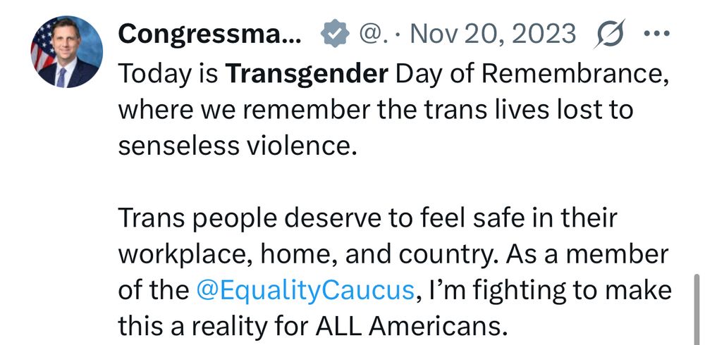 Post from Magaziner on Twitter for Transgender Day of Remembrance November 2023