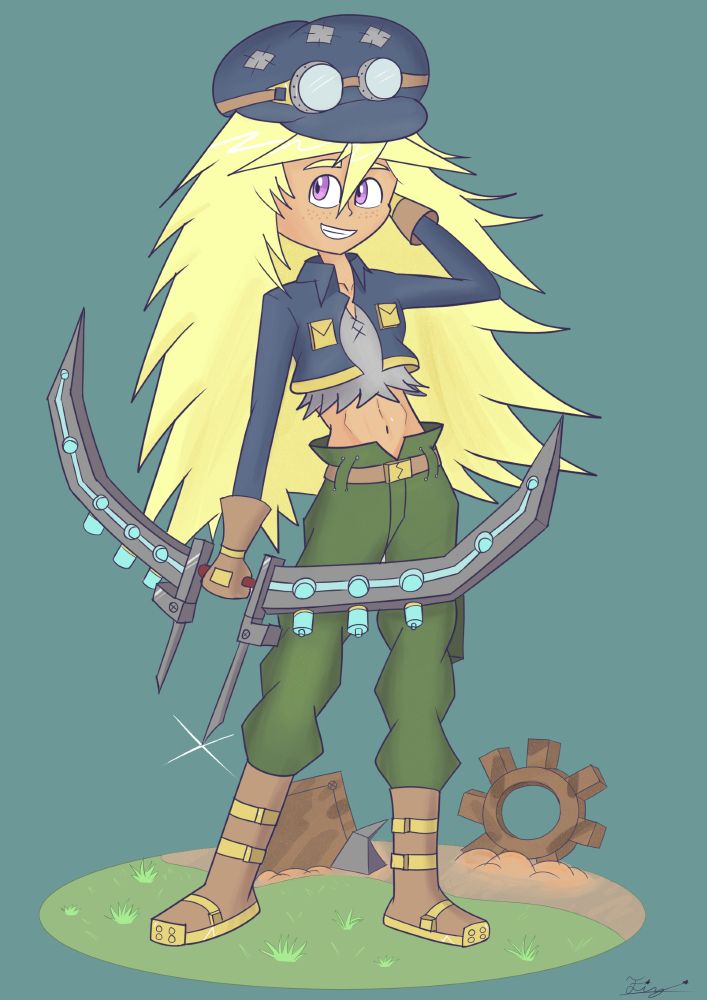 Character wearing green cargo pants, small blue jacket and blue cap holding an odd machine-styled bow