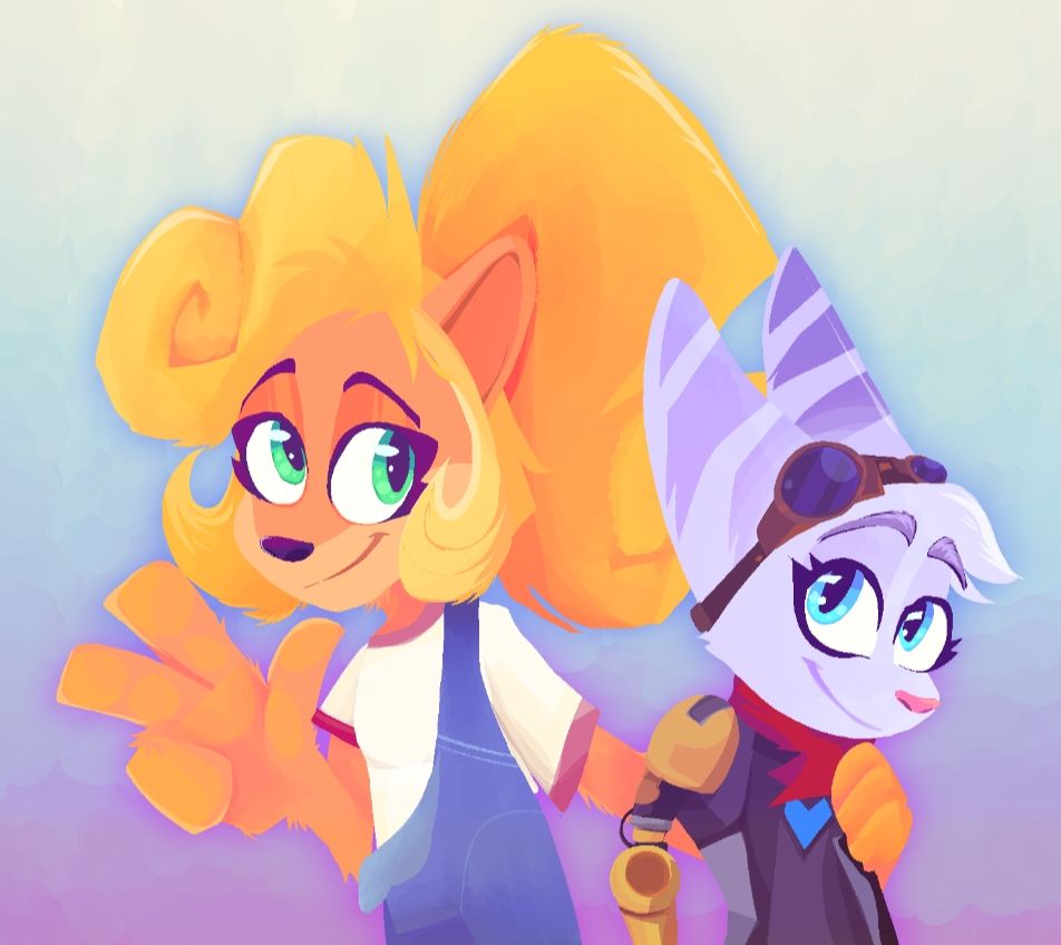 Coco Bandicoot doing a piece sign as she chills alongside Rivet.
(Rivet is from Ratchet And Clank: Rift Apart while Coco's appearance is based on her design from Crash 4: It's About Time)