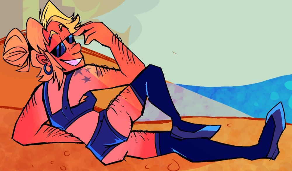 A sunburnt woman in a bikini and stockings, sitting on a beach as a city burns in the distance.