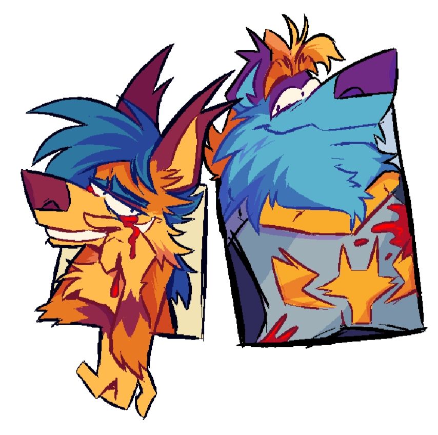 Clyde (orange character on the left) and Budd (the blue character on the right) with a bit of blood on them.
Clyde's wiping his eyes, while Budd leaves it on his chestplate.