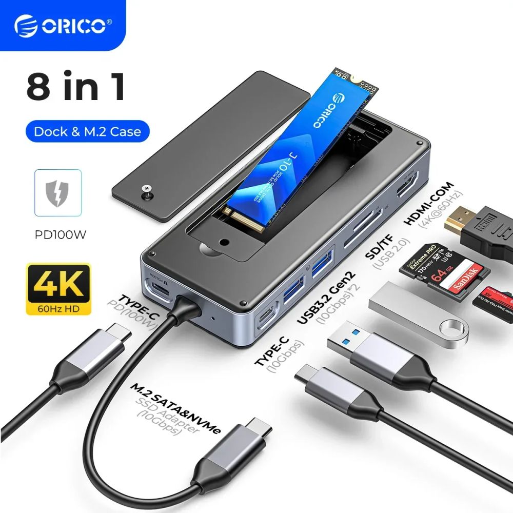 ORICO  USB C HUB with SSD Enclosure Laptop Docking Station with 4K 60Hz HDMI-Com 100W PD RJ45 SD/TF 10Gbps M.2 NVME SATA SSD 8TB