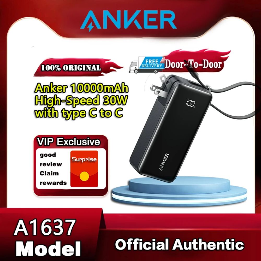 Anker 30W 10000mAh powerbank  A1637 Backup Battery 3in1 with built-in USB-C cable and wall chargerPD QC PPS LED screen