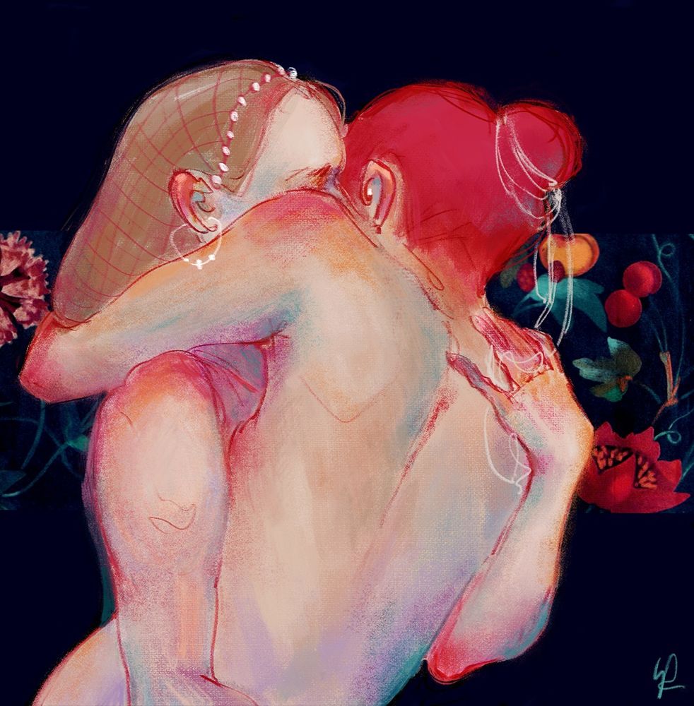 Detail from an original illustration depicting two naked women embracing. The palette is bold, with bright hues on a dark background. The women on the right has magenta hair in a bun, the other long brown hair tied up in a renaissance style hairnet.