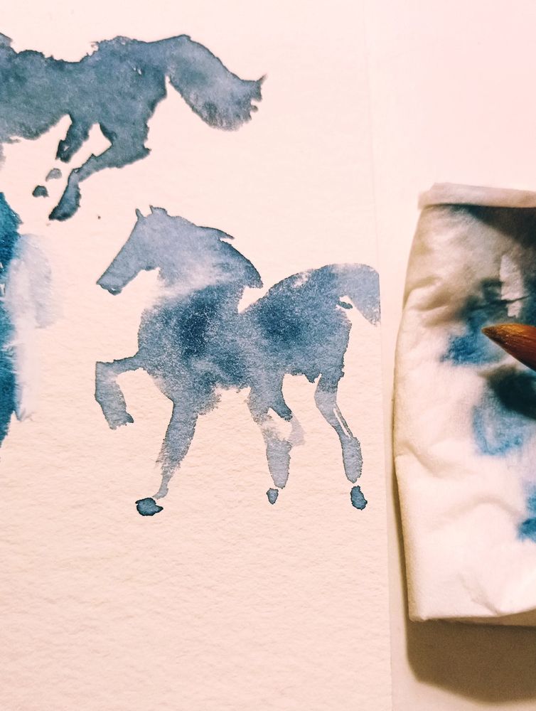 Indigo watercolour silhouette of a horse