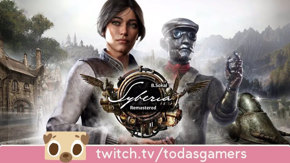 Logo y key art de Syberia Remastered con banner inferior donde aparece el logo de Todas Gamers y dirección: twitch.tv/todasgamers
