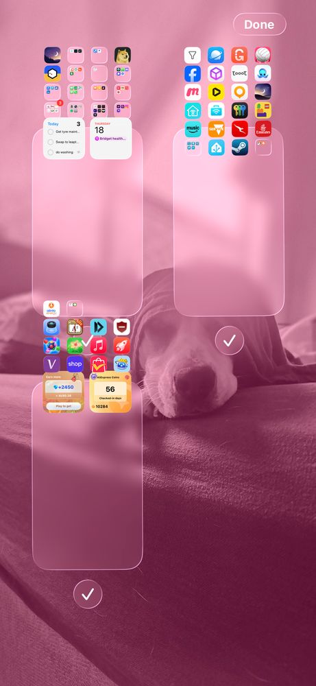 In edit Home Screen mode, select the screen indicator, observe silly things. 

Here the icons for the apps are bunch up over the top of each screen. It’s a mess