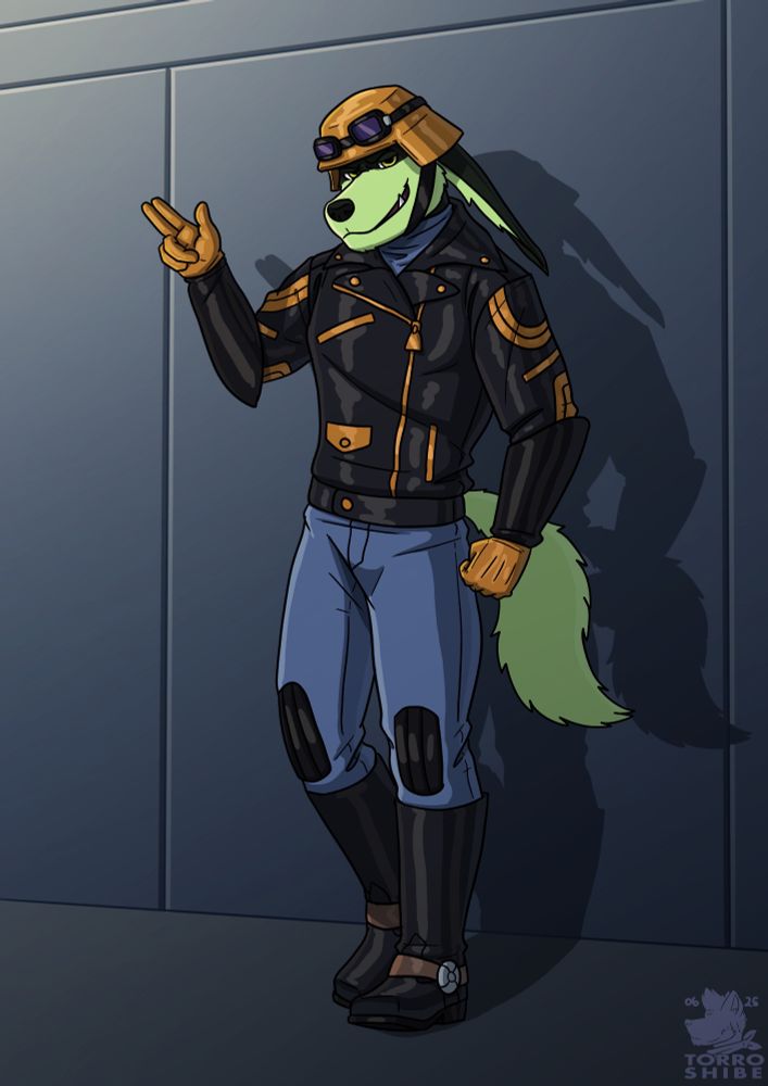 A picture showing Tech E. Coyote dressed like a biker: Leather cap with googles, black biker jacket with orange undertones, brown leather gloves, denim pants with black knee pads, and tall harness boots.