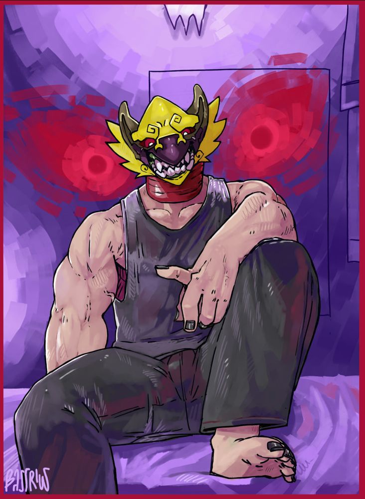 An image depicting Tokoyami Fumikage, now as an young adult, with his face completely merged to the mask of Kiiro. His body has become taller and more muscular, with a wicked fang-covered smile in his demonic bird face, wearing a black tank-top and black pants, and his nails painted black. A pair of red ghostly eyes are shown behind of him, revealing that he's being controlled and influenced by the essence of the oni demon general Kiiro.