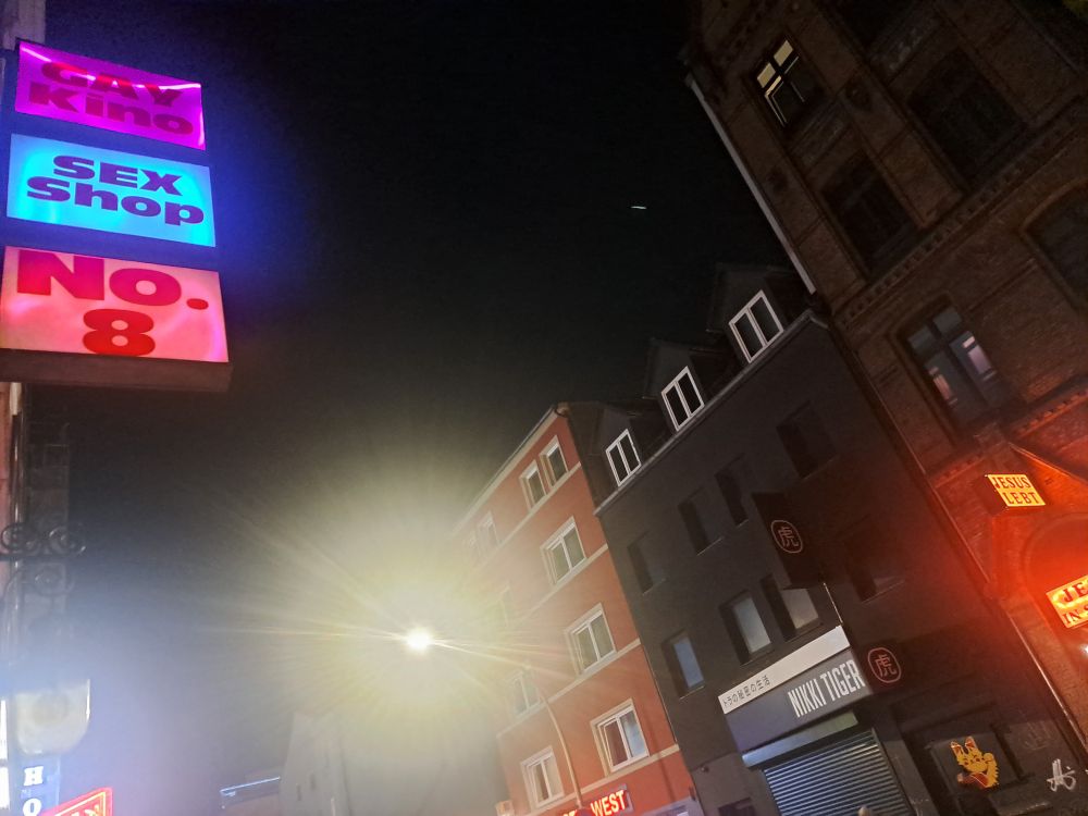 A street at night. On the left are sign for Gay Kino and Sex Shop and on the right a sign that says Jesus Lebt (Jesus lives).