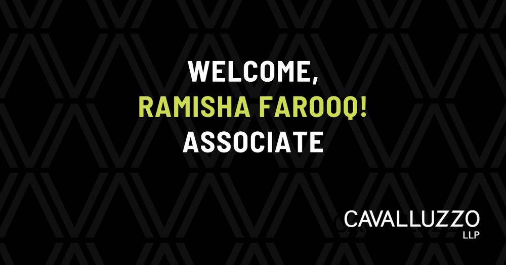 Black background with diamond pattern. White and green text centered "Welcome, Ramisha Farooq! Associate". White Cavalluzzo LLP logo in the bottom right corner