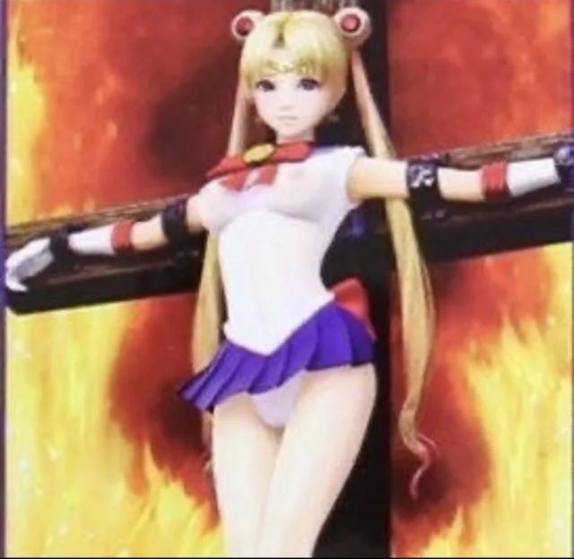 An image of Sailor Moon being crucified in front of a flaming background.