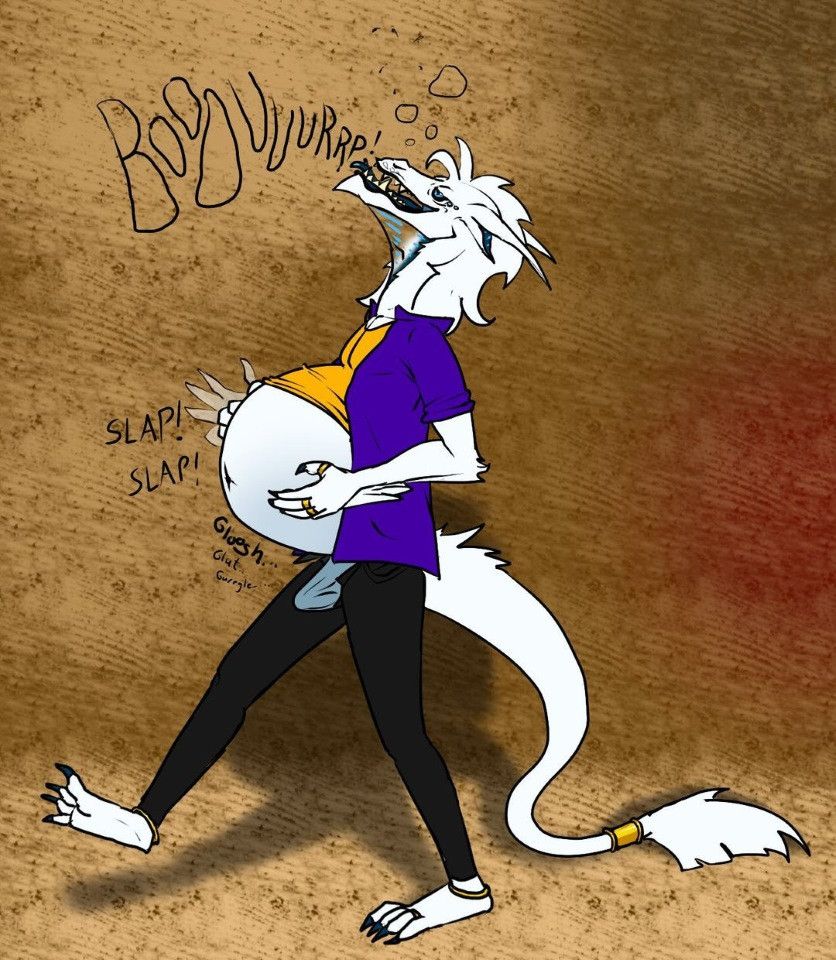 The same dragon in anthro form is patting its heavily distended belly as it belches and staggers. It's wearing jewelry on its fingers, toes, ankles, and tail, a tight yellow t-shirt that's ridden high up its belly, a purple overshirt, and black skinny jeans that have been unbuttoned to accommodate the dragon's huge belly and underwear bulge.