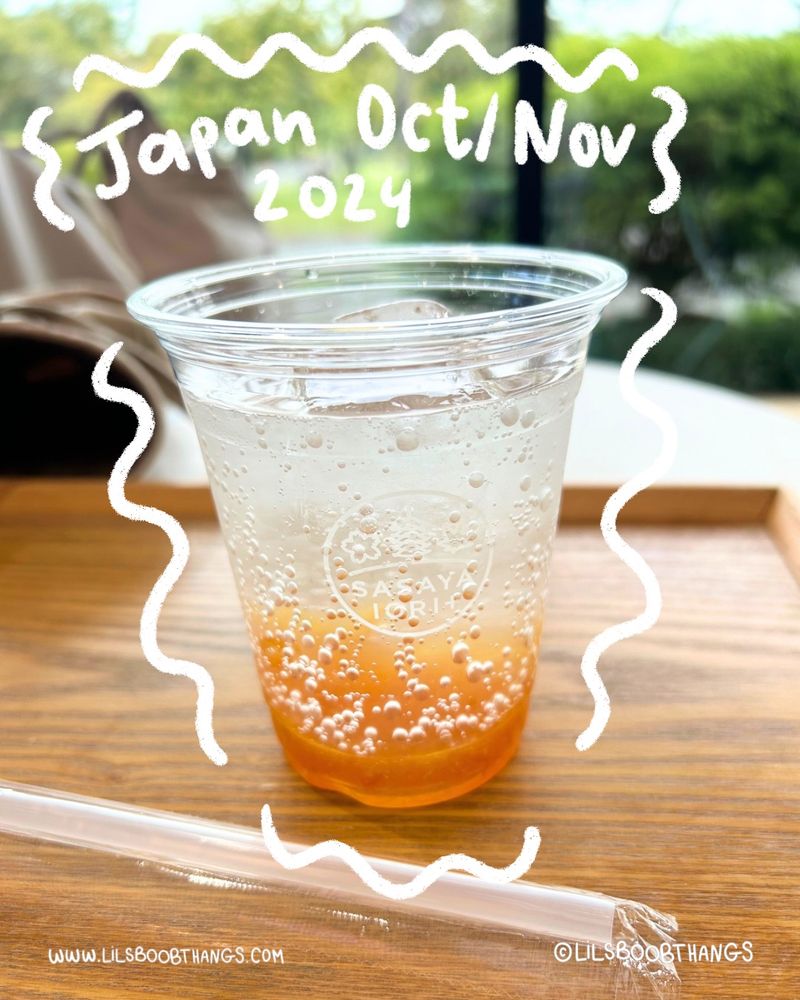 Image of a yuzu soda drink. Images of white squiggles are drawn around the drink with the words “Japan Oct/nov 2024”.