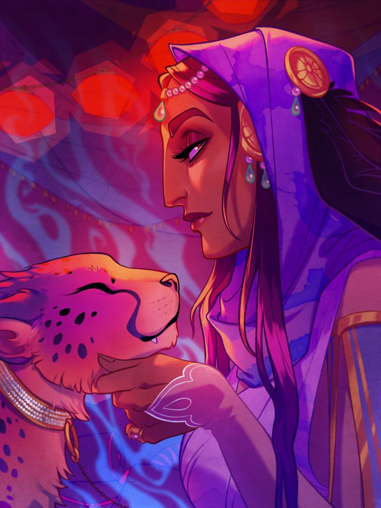 Illustration of Nadia from The Arcana. She's gazing at the viewer out of the corner of her eye as she pets a cheetah wearing a jeweled collar.