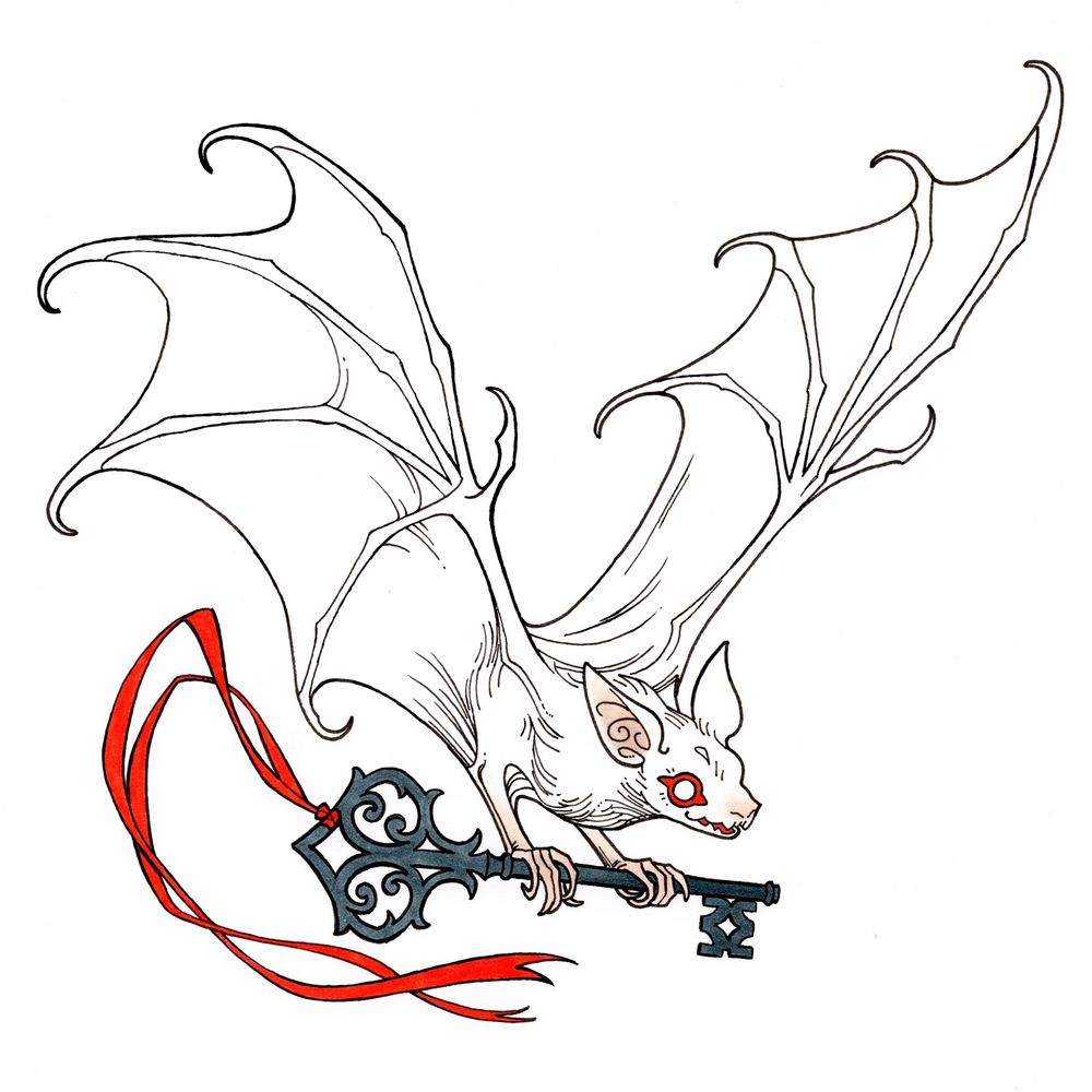 Scan of an ink drawing on paper depicting a bat carrying an antique key.