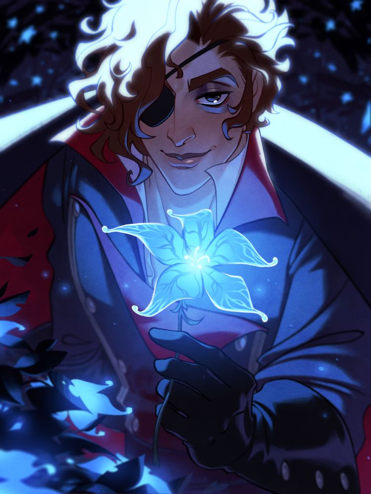 Illustration of Julian from The Arcana. He's looking directly at the viewer while holding out a glowing blue flower.