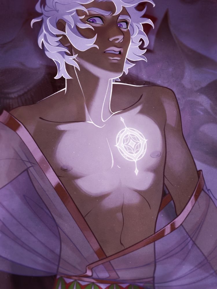 Illustration of Asra from The Arcana. He's wearing a sheer robe that's open to reveal a glowing magic mark on his chest.