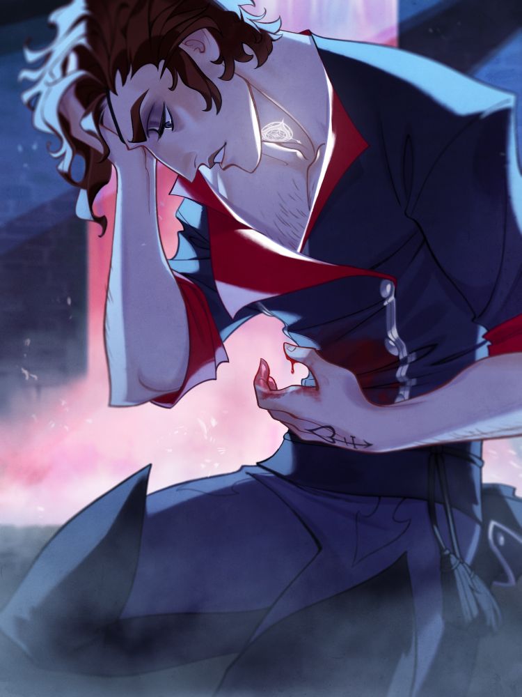 Illustration of Julian from The Arcana. He's kneeling, with one hand at a bloody wound at his waist. There's a glowing magic mark on his neck.