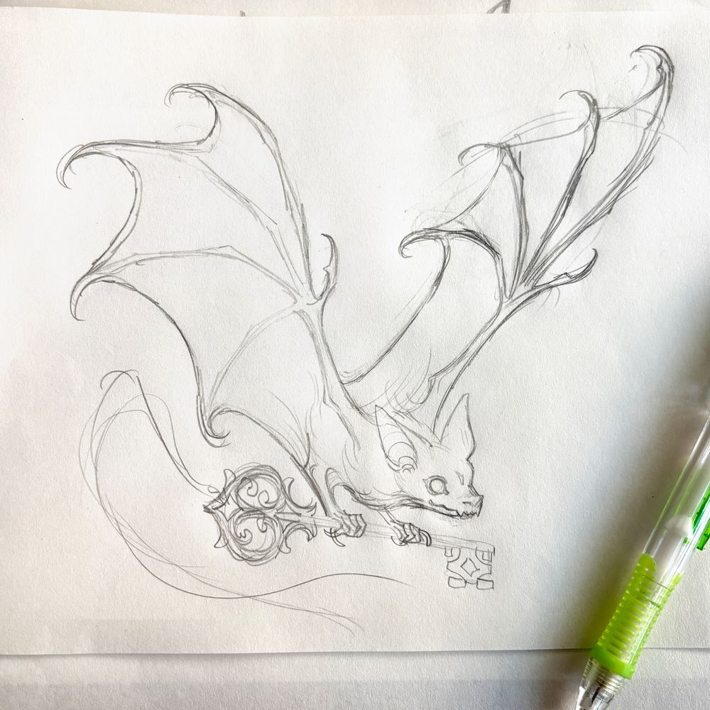 Photo of a pencil sketch on paper depicting a bat carrying an antique key.