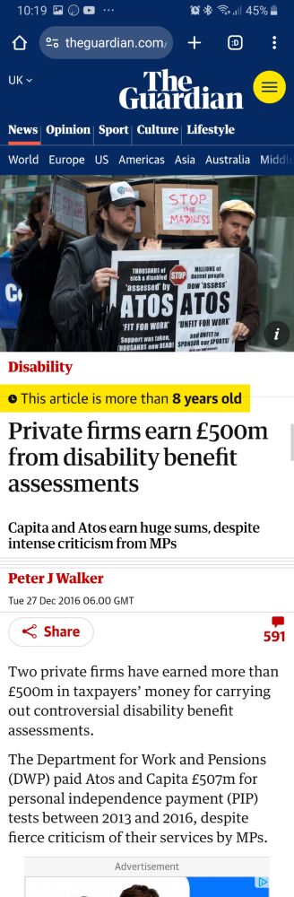 Screenshot of a Guardian article from 8 years ago saying "Private firms earn £500m from disability assessments
