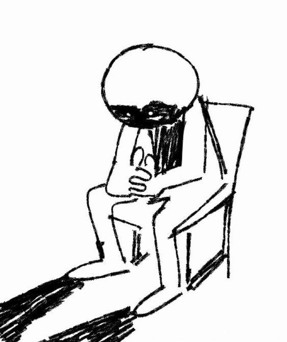 humanoid figure in chair with their face obscured by shadow