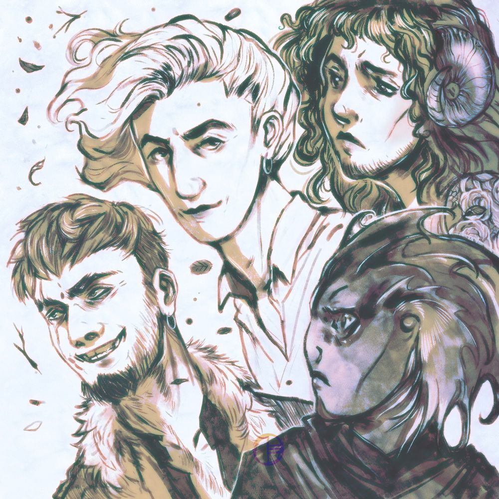 Four characters stand assembled together in a square shaped image. The colours are subdued, cool sepias and blues. The two on the left are human men; one is bearded, dressed for cold, and has sharp teeth bared in a grin. The other is more androgynous and has white flowing hair, looking directly at the viewer, his white shirt open at the collar. Both have a single, matching silver earring hoop. The other two humanoids are an effeminate Satyr with long curling hair and a sad, knowing expression; and a dark-skinned aquatic creature with an array of fins instead of hair, scowling slightly. Leaves and small twigs blow past the quartet.