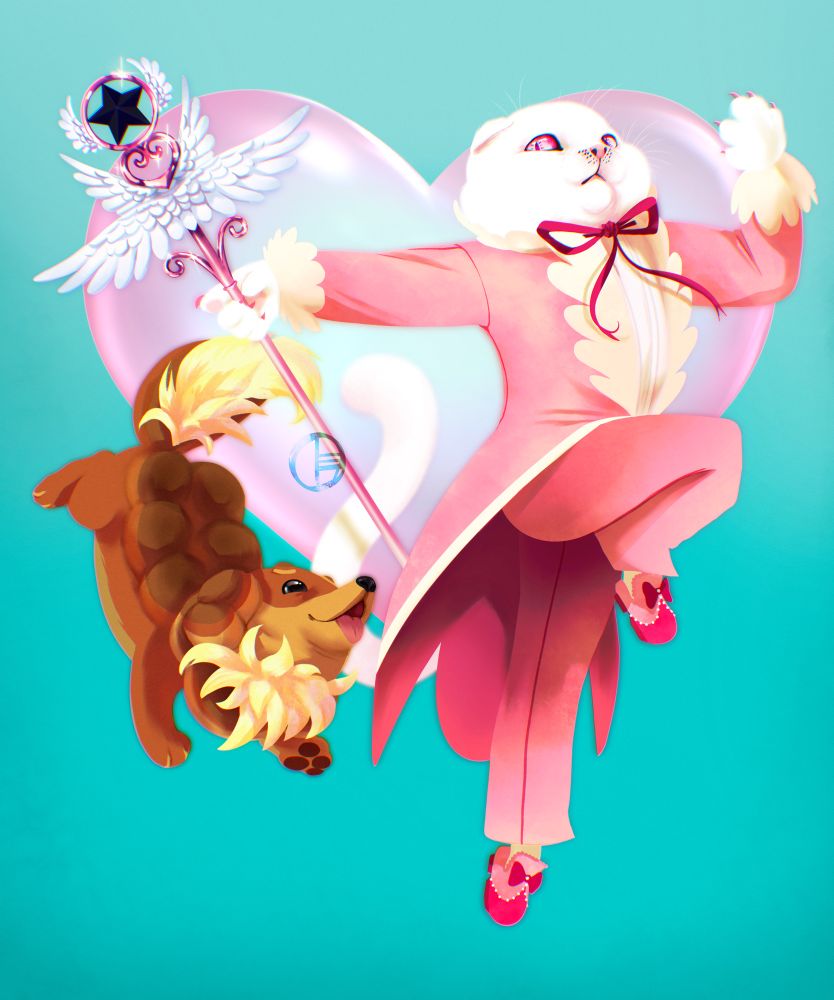 A white anthropomorphic cat leaps upward, wielding a pink staff with a black star crystal encircled by metal and four small wings. He wears a pink suit with a pink bow, and his eyes are pink too. At his side is a Dachsbun, a small dog that looks like it’s made out of toasted bread buns. Behind the two is a big pink heart-shaped bubble, set against a dark turquoise background.